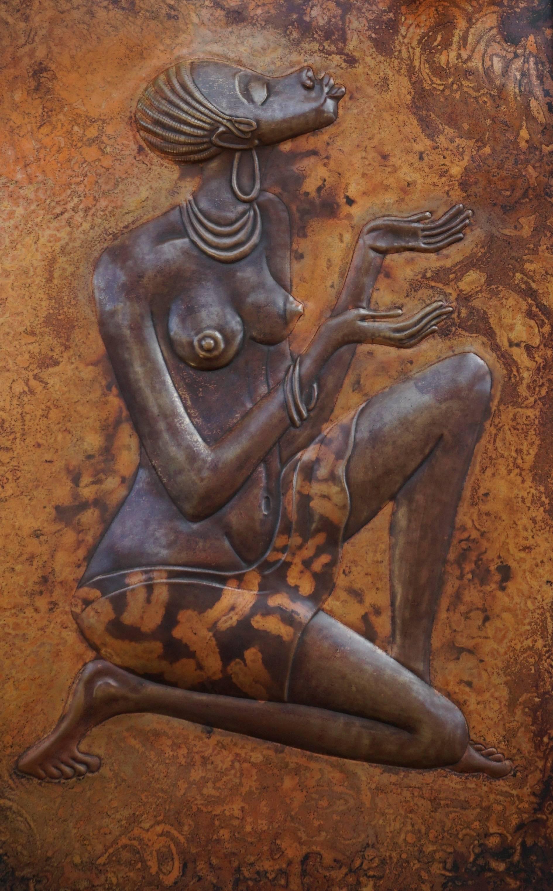 Hugh, lighted wall picture or object with Africa woman. This unique object is made by the Congolese artist Mutepa in 1981 and is in very good condition.