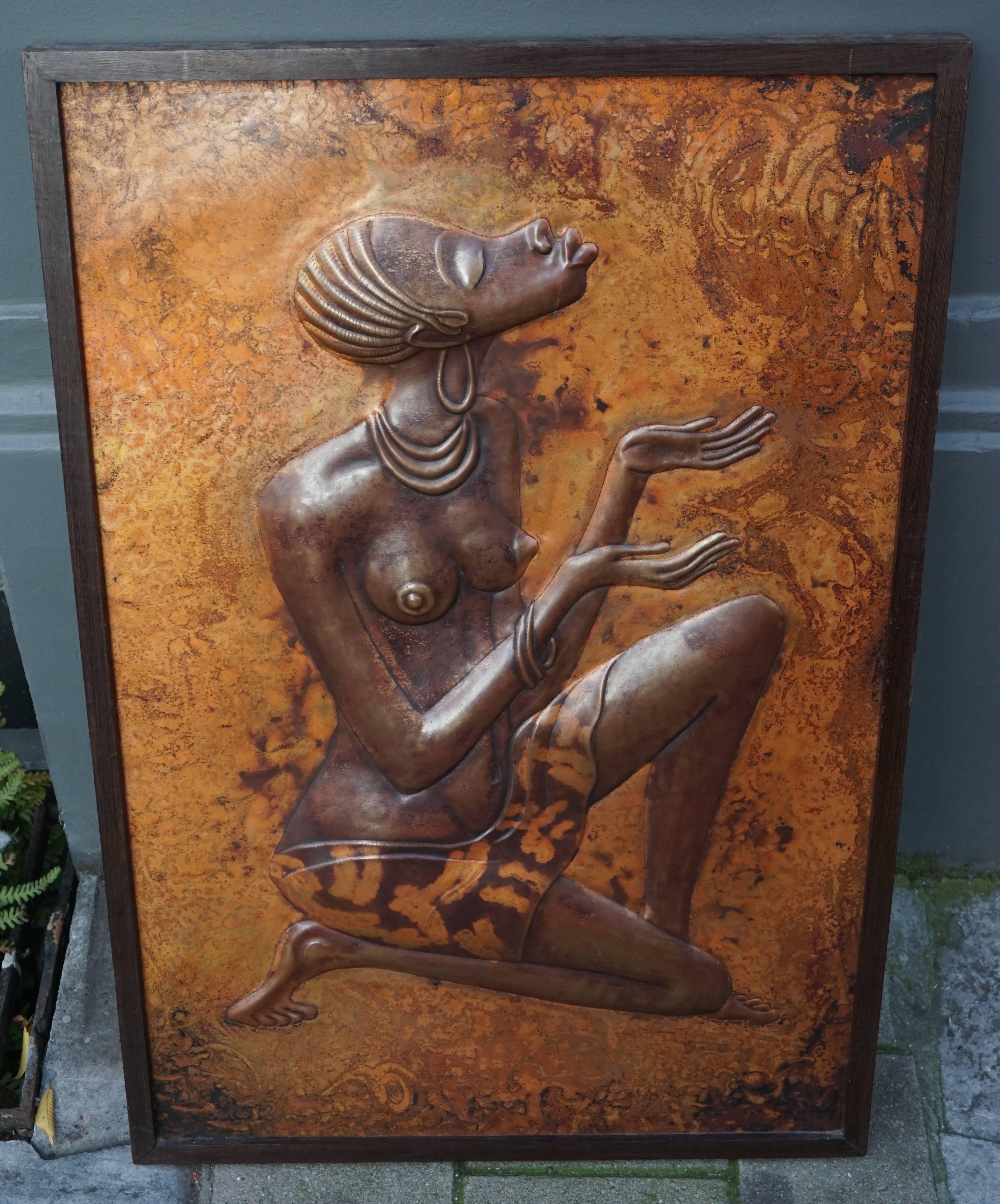 Hammered Copper Wall Relief Sculpture Panel with African Woman In Good Condition In Antwerp, BE
