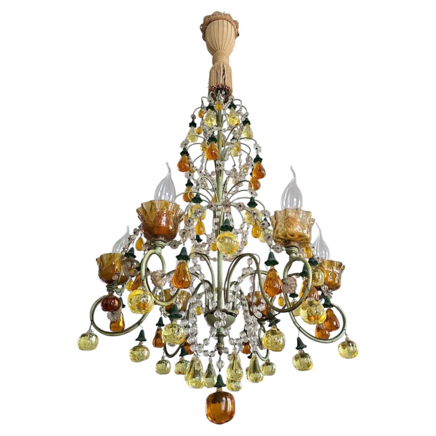1950s Italian Chandelier with Murano Glass Fruit and Crystal Garlands