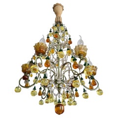 1950s Italian Chandelier with Murano Glass Fruit and Crystal Garlands