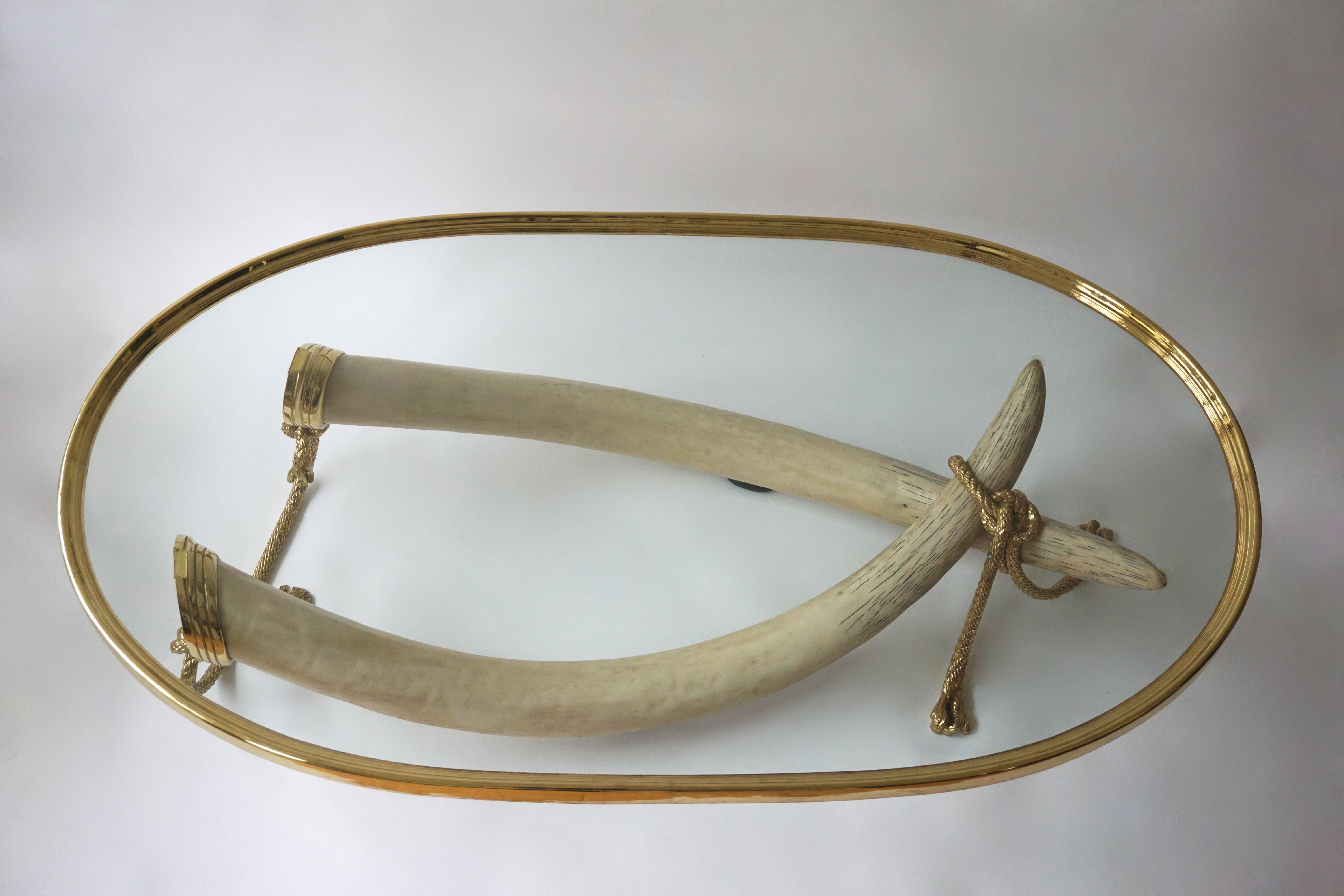 Mid-Century Modern Large Glass and Brass Elephant Tusk Base Coffee Table by Valenti, 1970s