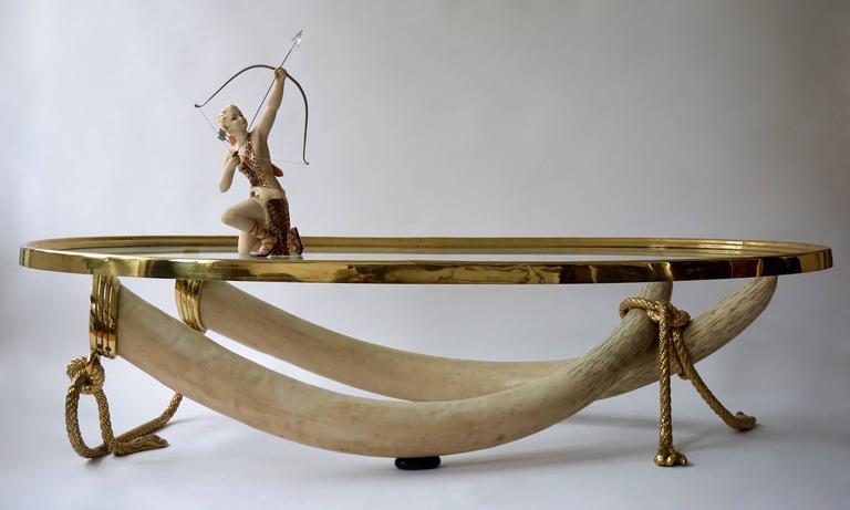 Glass And Brass Elephant Tusk Base Coffee Table By