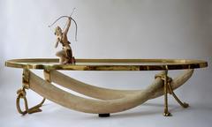 Large Glass and Brass Elephant Tusk Base Coffee Table by Valenti, 1970s