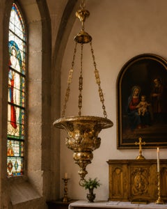 Large French Gothic Revival Sanctuary Lamp in Cast Brass with Cherubs, Grapes