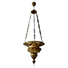 Large French Gothic Revival Sanctuary Lamp in Cast Brass with Cherubs, Grapes