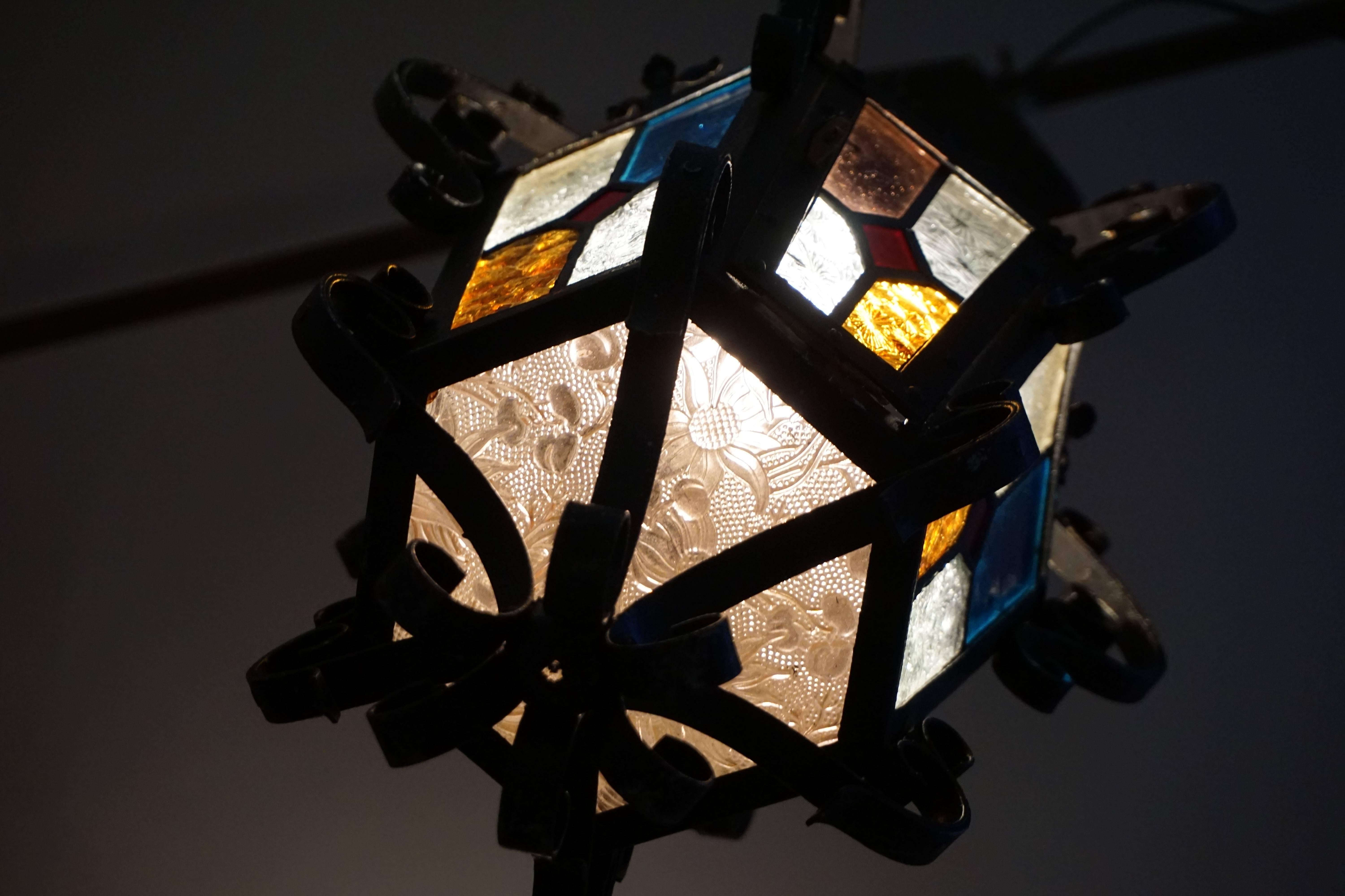 Italian Lantern Chandelier with Stained Glass
