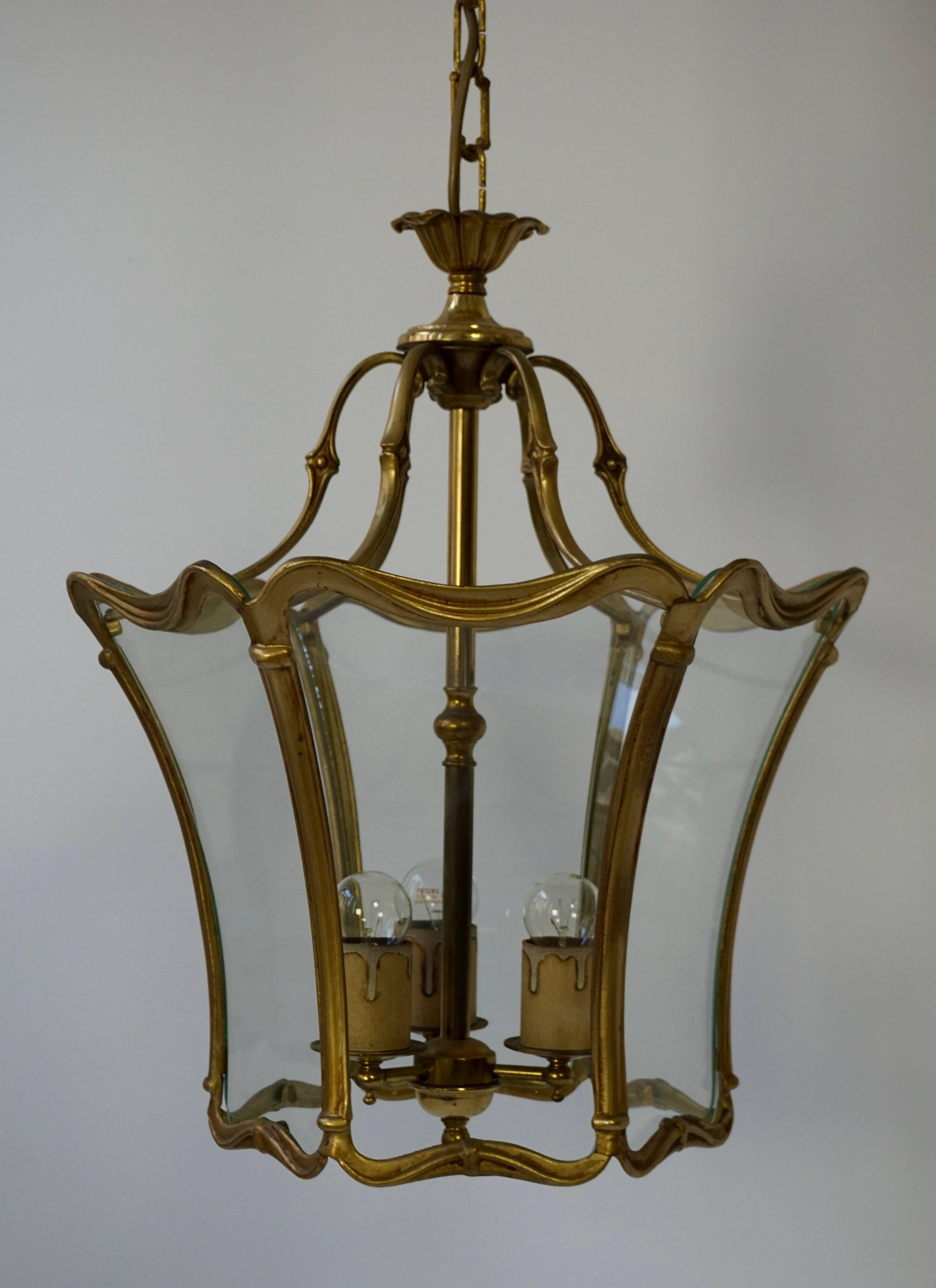 Brass French Art Nouveau Bronze Clear Glass Lantern, Hall Pendant, 1910-1920 For Sale