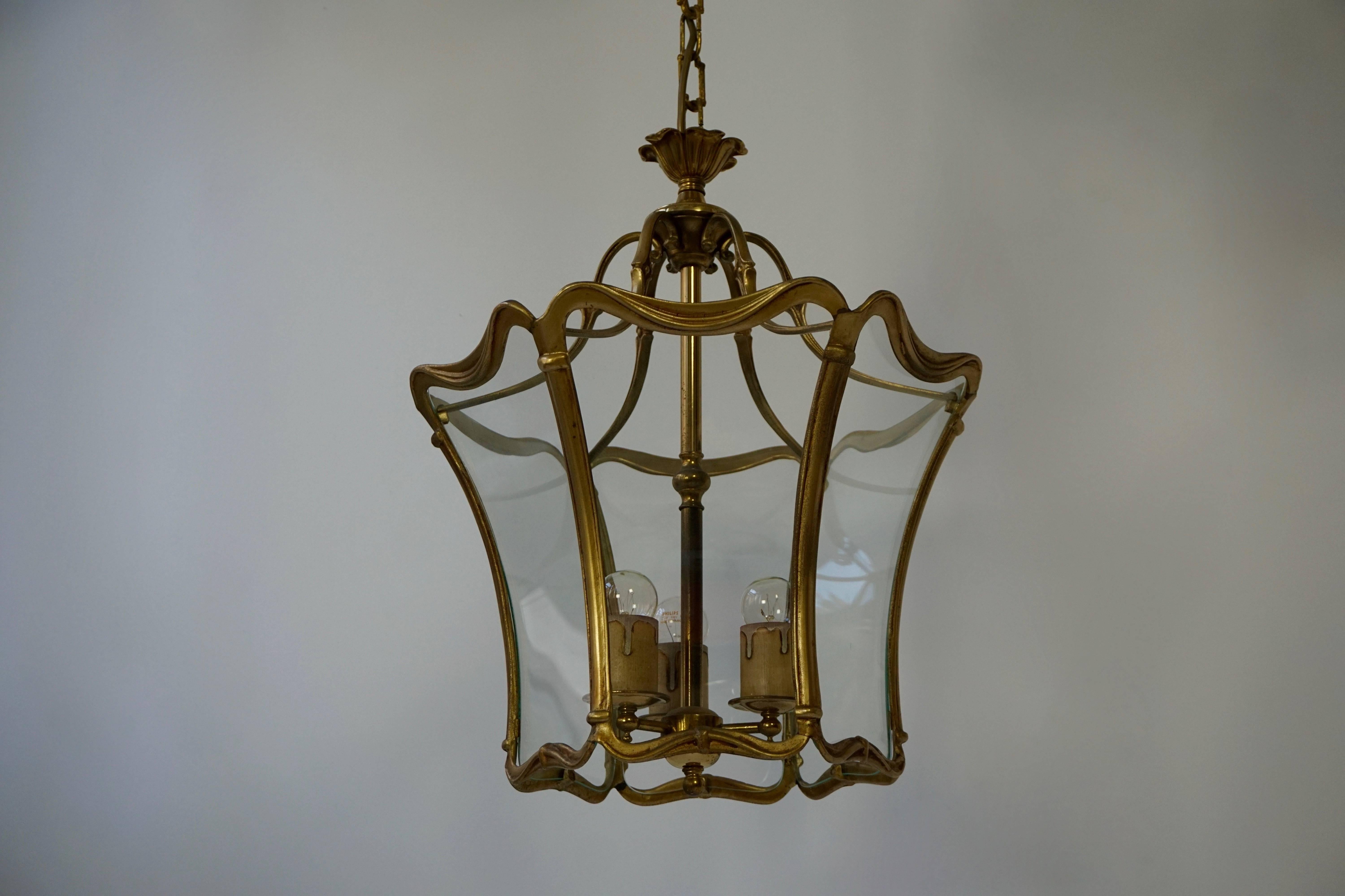 French Art Nouveau Bronze Clear Glass Lantern, Hall Pendant, 1910-1920 For Sale 3