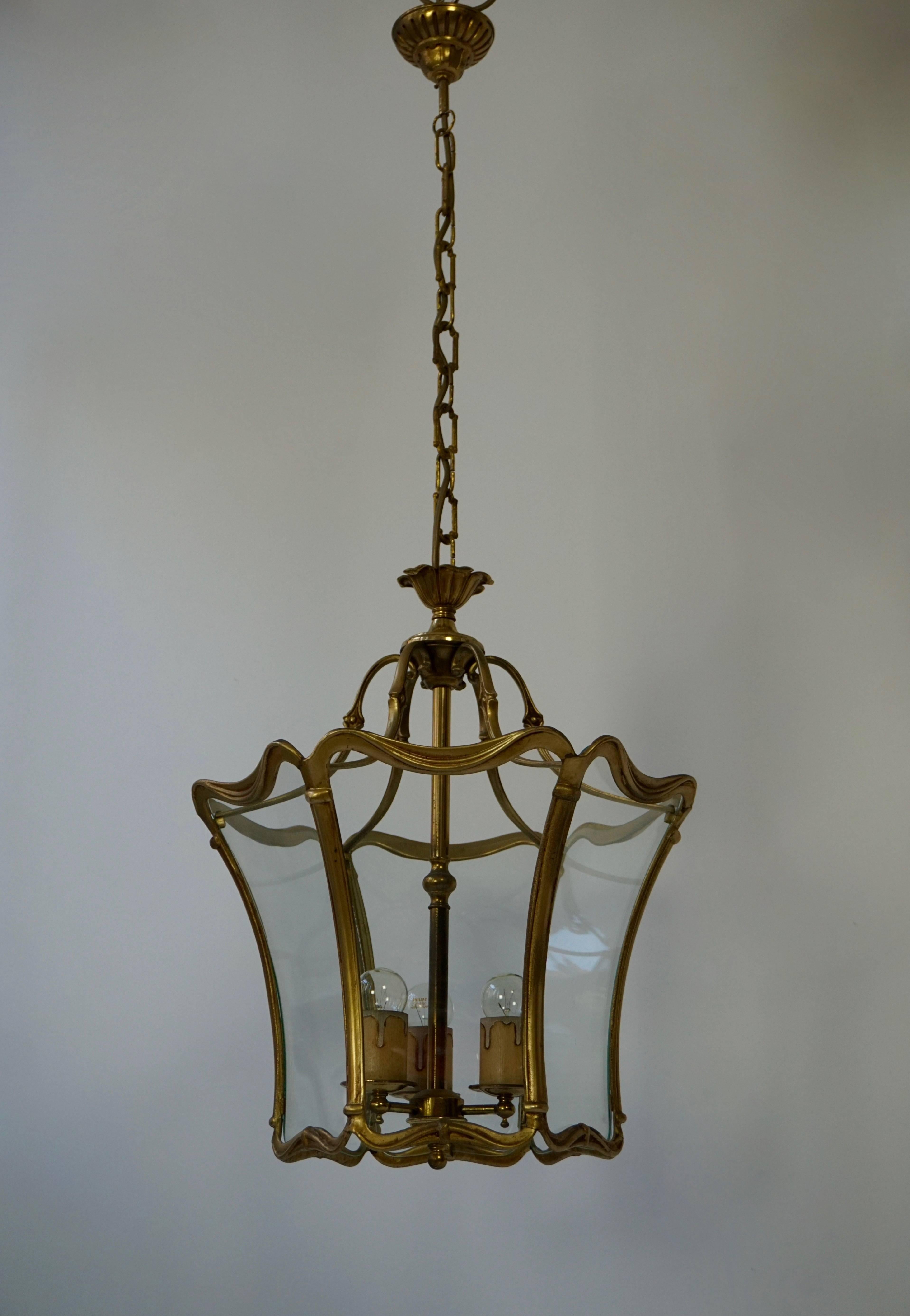 20th Century French Art Nouveau Bronze Clear Glass Lantern, Hall Pendant, 1910-1920 For Sale