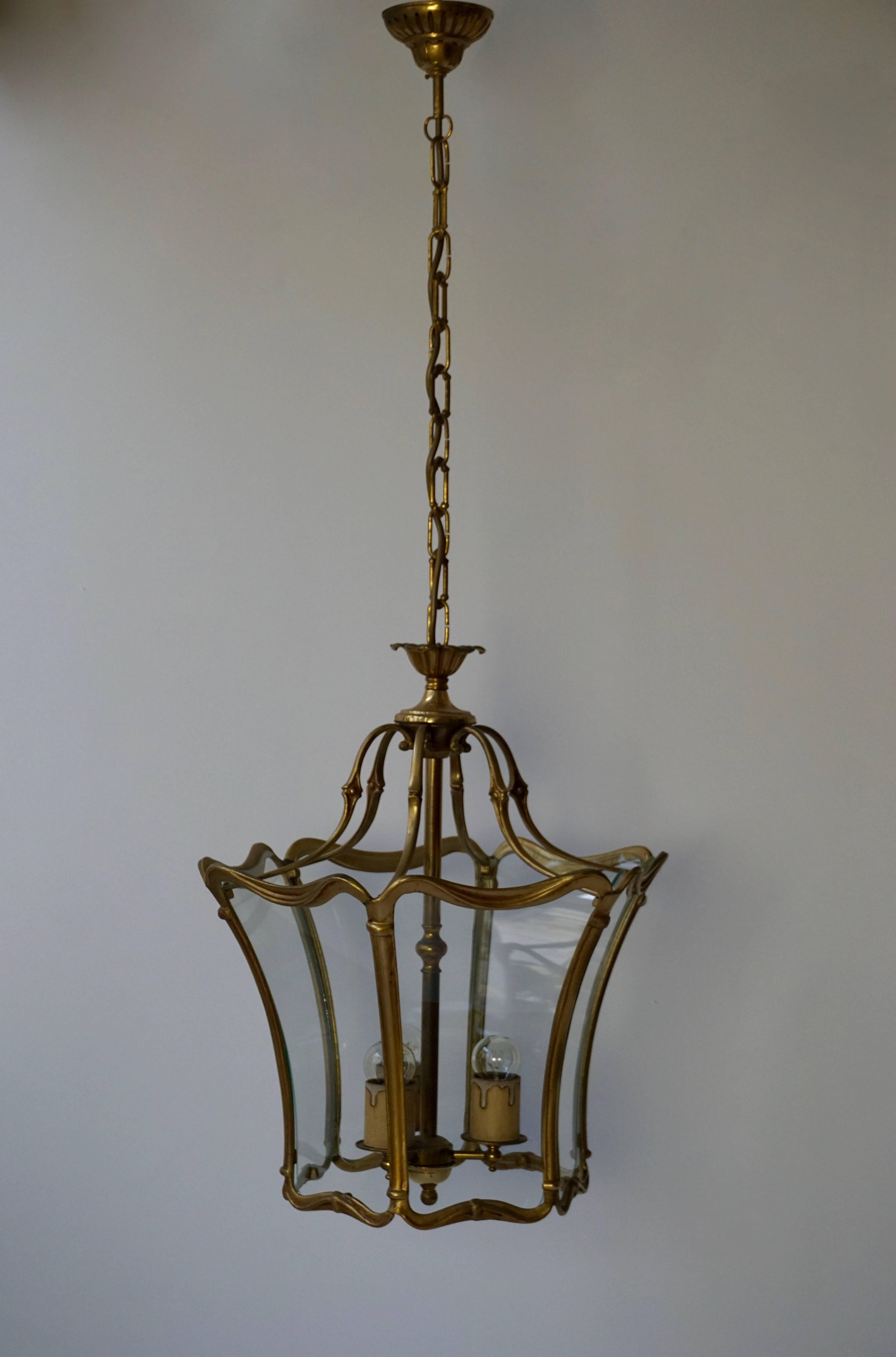 French Art Nouveau Bronze Clear Glass Lantern, Hall Pendant, 1910-1920 For Sale 1