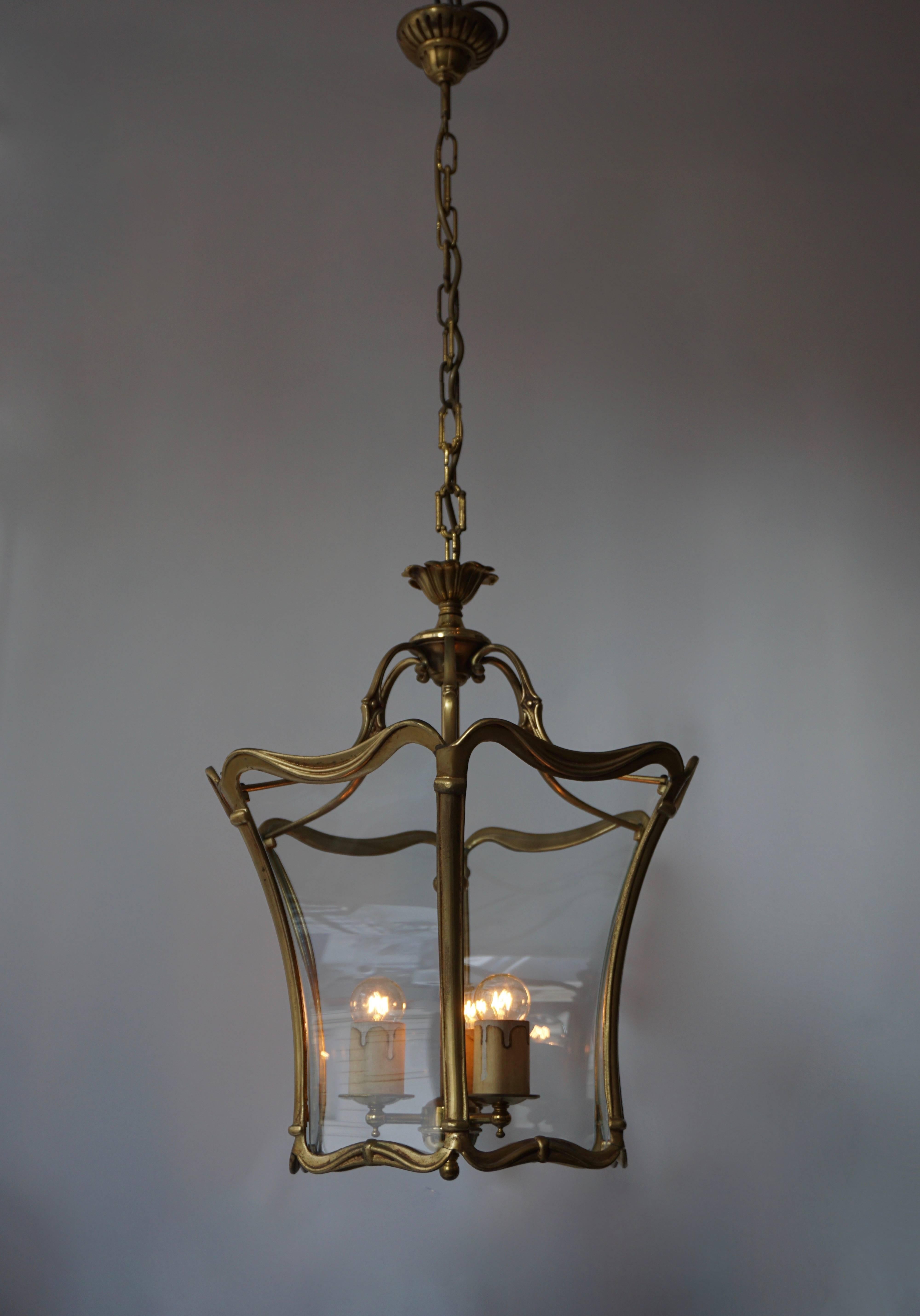 Lanterne en verre transparent et bronze Art nouveau français, pendentif d'entrée, 1910-1920 en vente 1