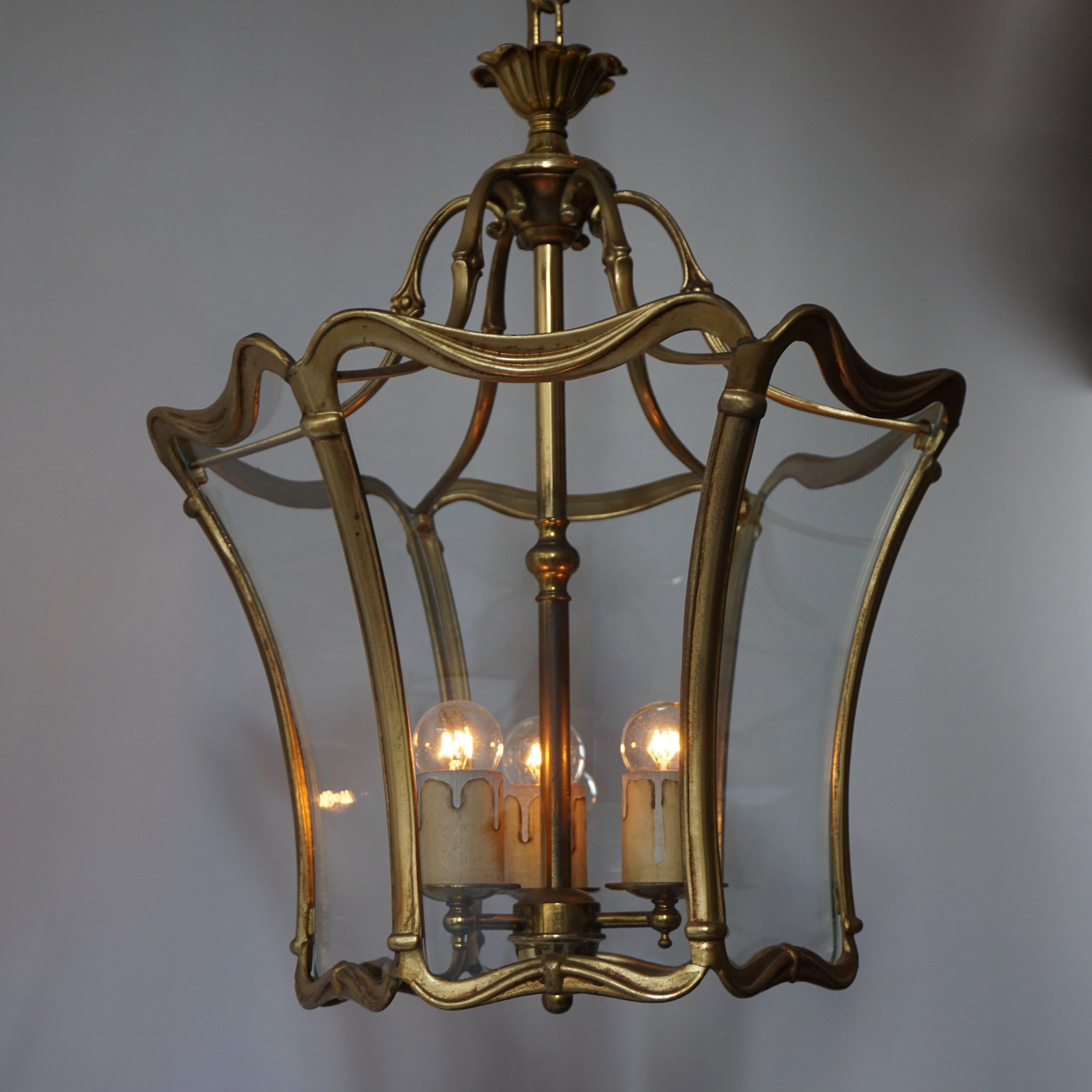 French Art Nouveau Bronze Clear Glass Lantern, Hall Pendant, 1910-1920 In Good Condition For Sale In Antwerp, BE