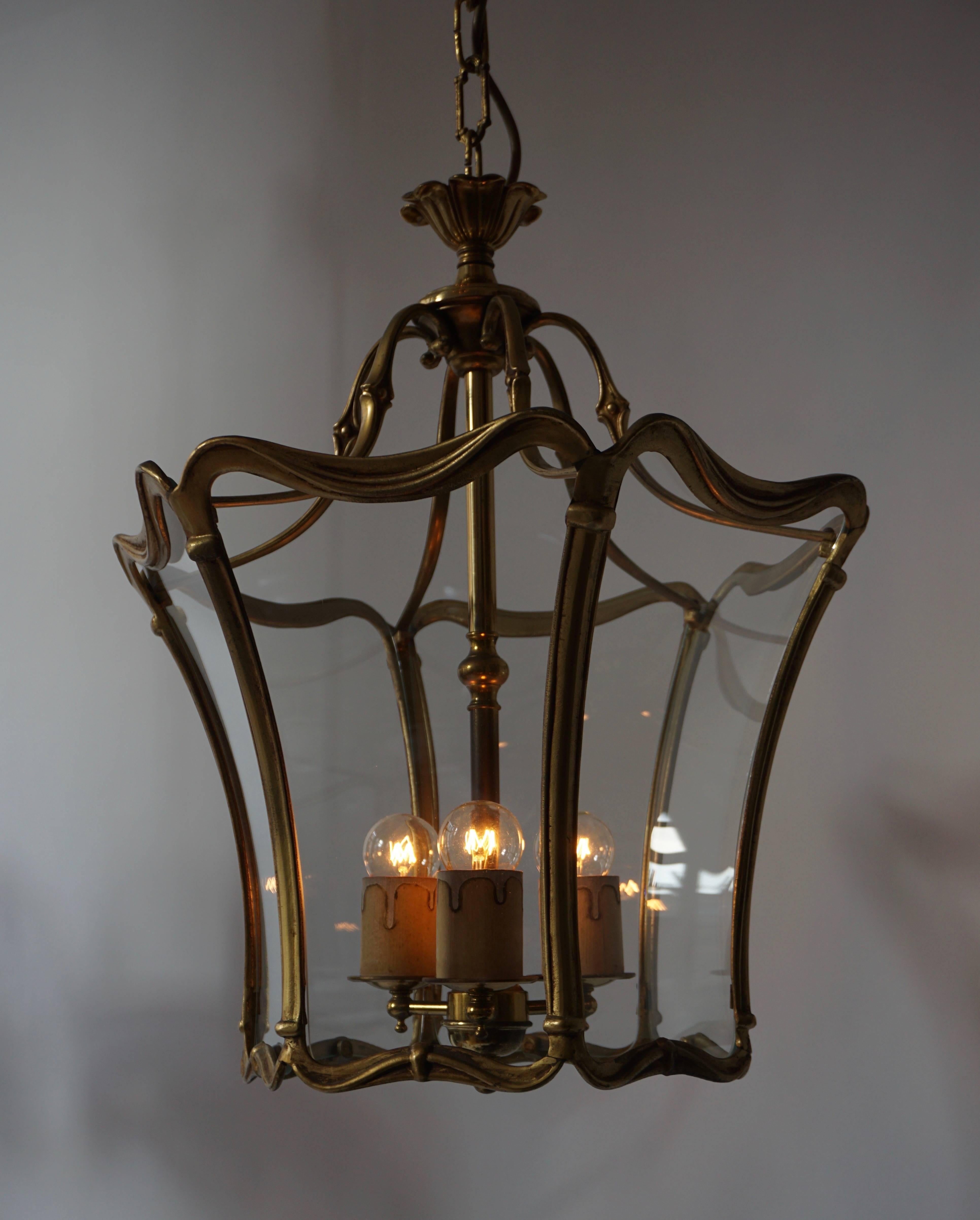 French Art Nouveau Bronze Clear Glass Lantern, Hall Pendant, 1910-1920 For Sale 4