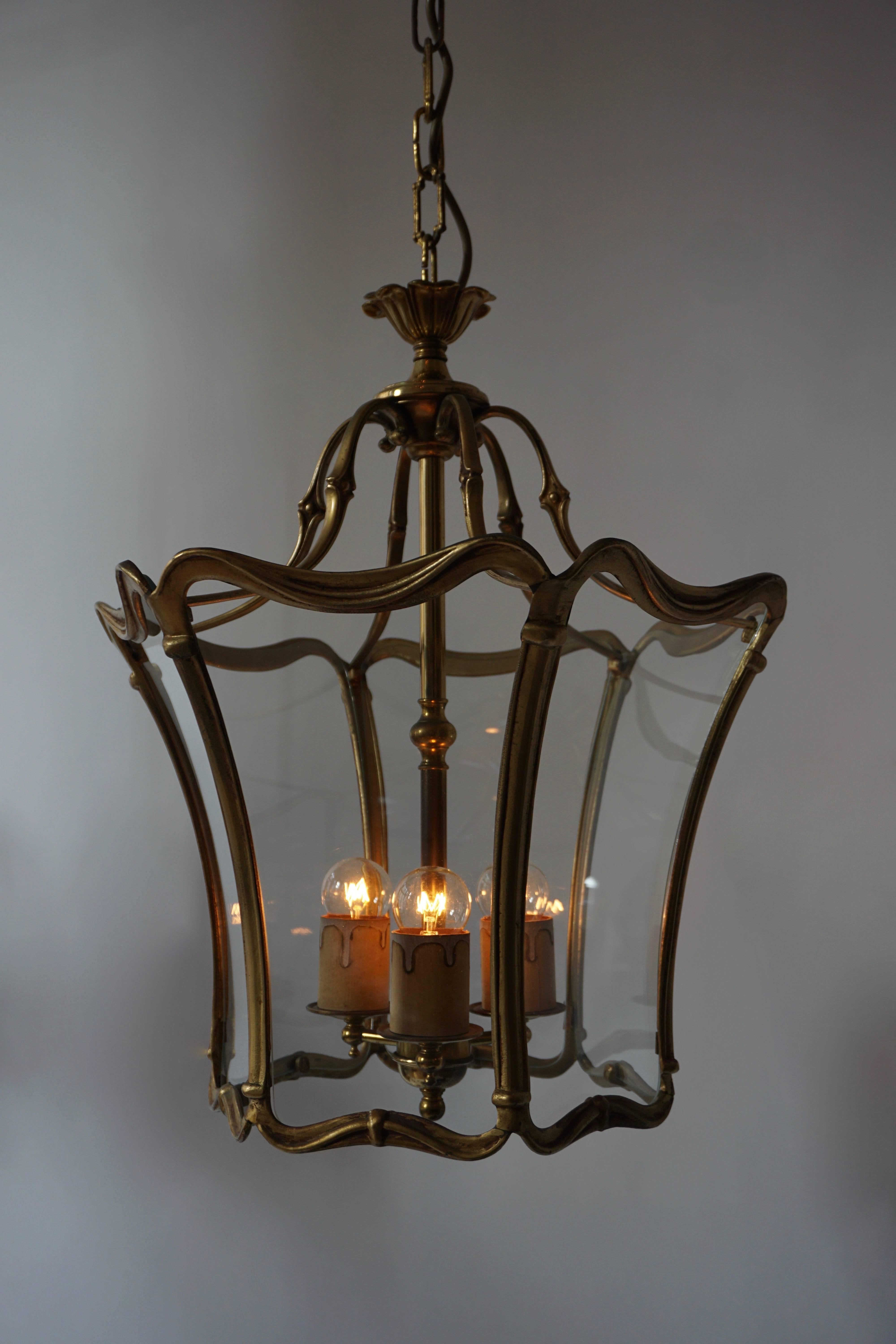 French Art Nouveau Bronze Clear Glass Lantern, Hall Pendant, 1910-1920 For Sale 5