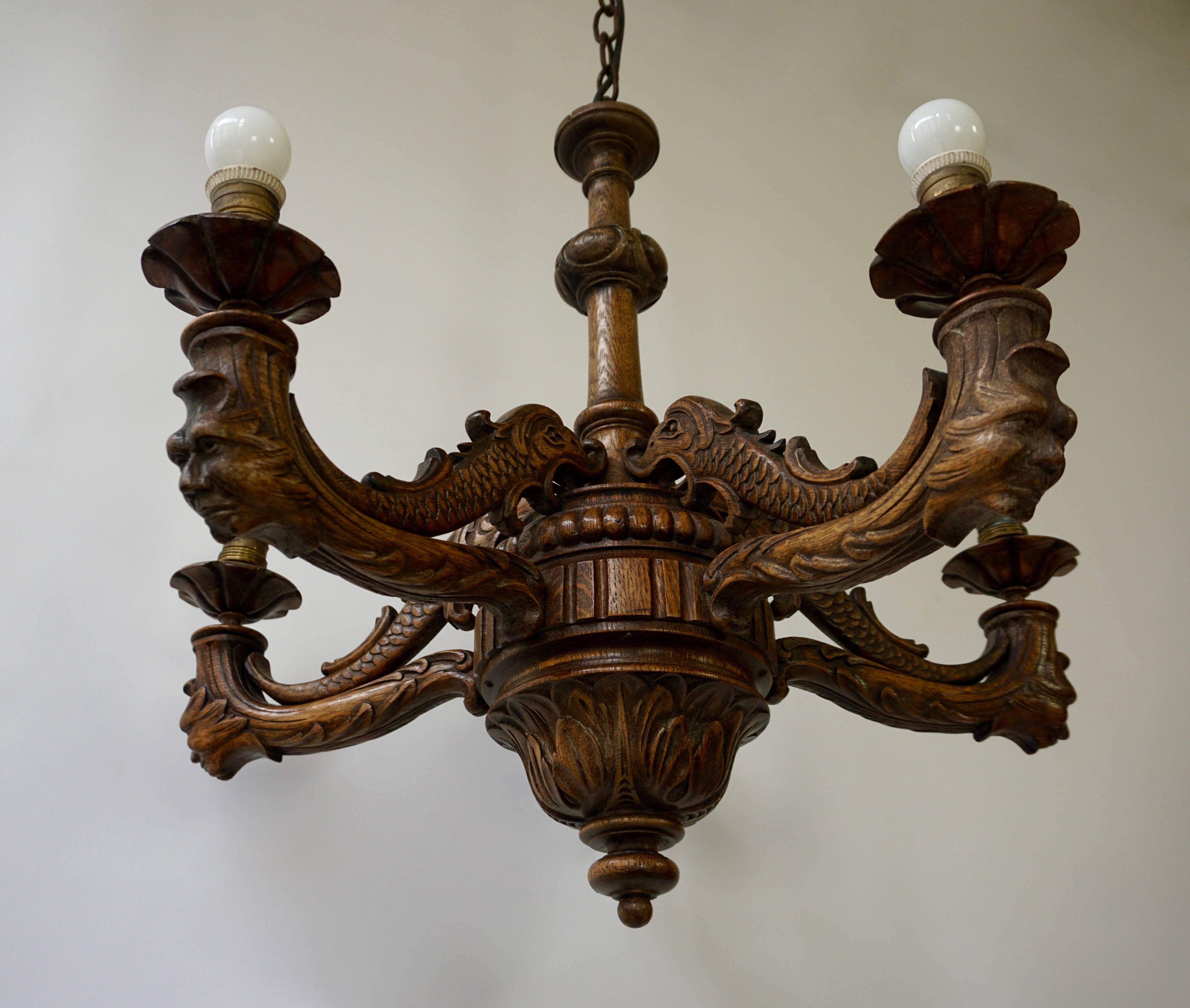 20th Century Carved Wood Five-Light Chandelier For Sale