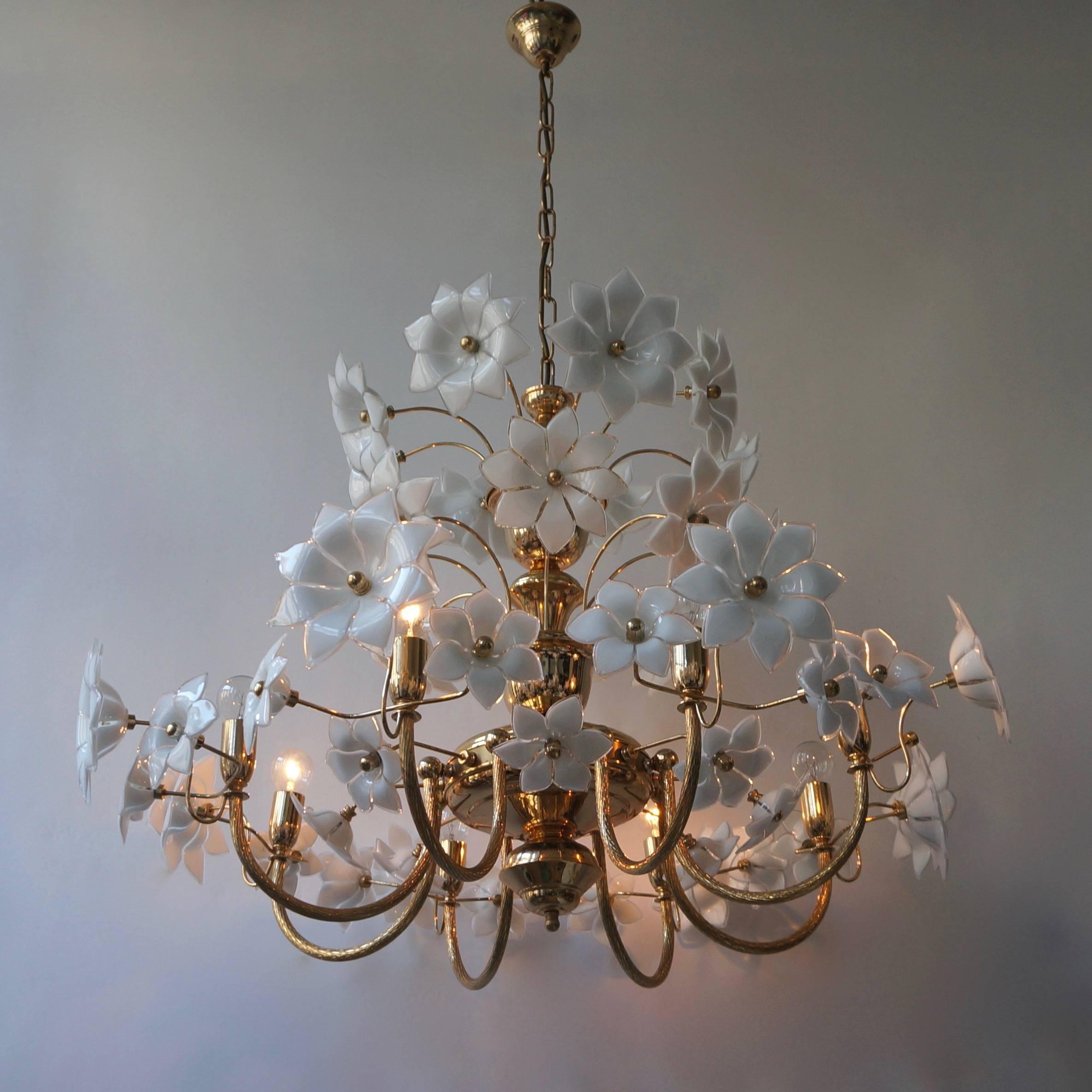 Italian Huge Palwa Gilded Brass and Glass Flower Chandelier