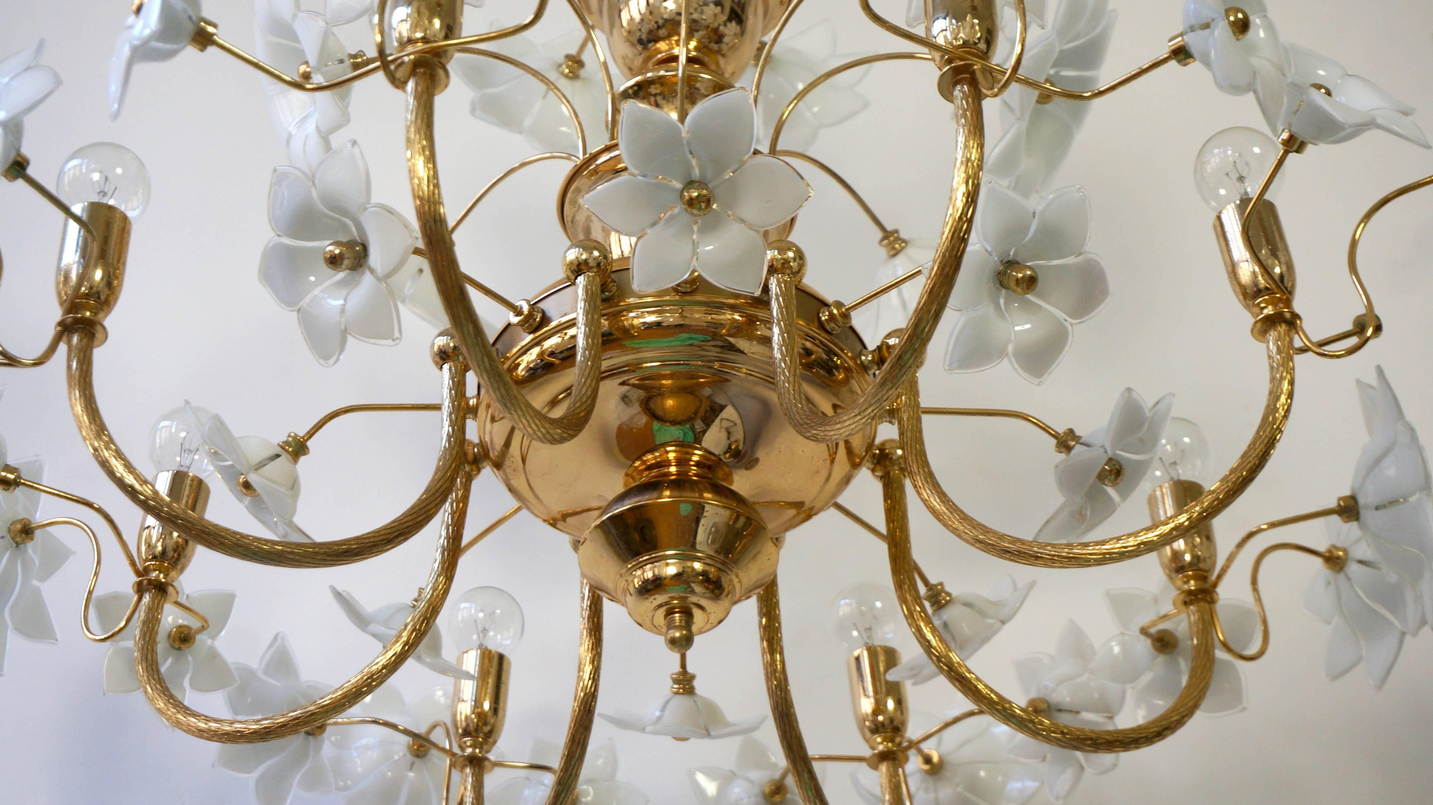 Huge Palwa Gilded Brass and Glass Flower Chandelier 2