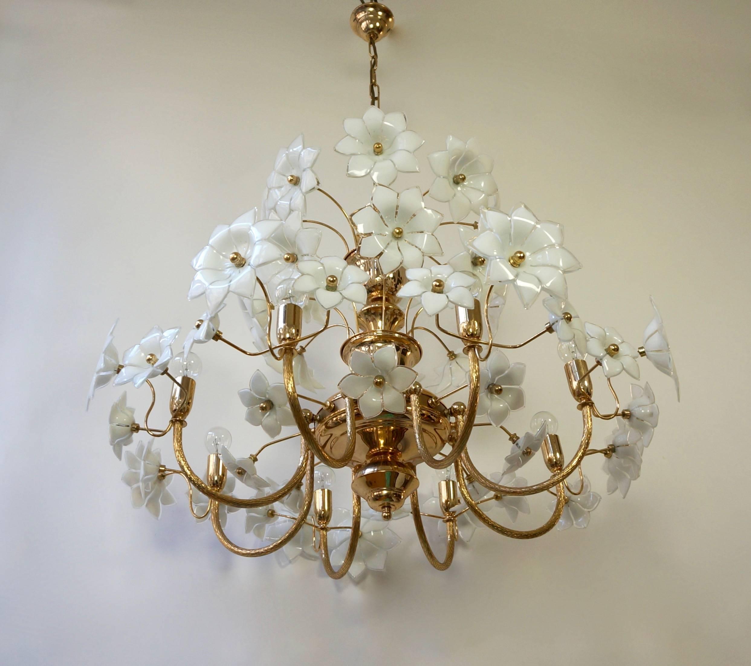 Hollywood Regency Huge Palwa Gilded Brass and Glass Flower Chandelier