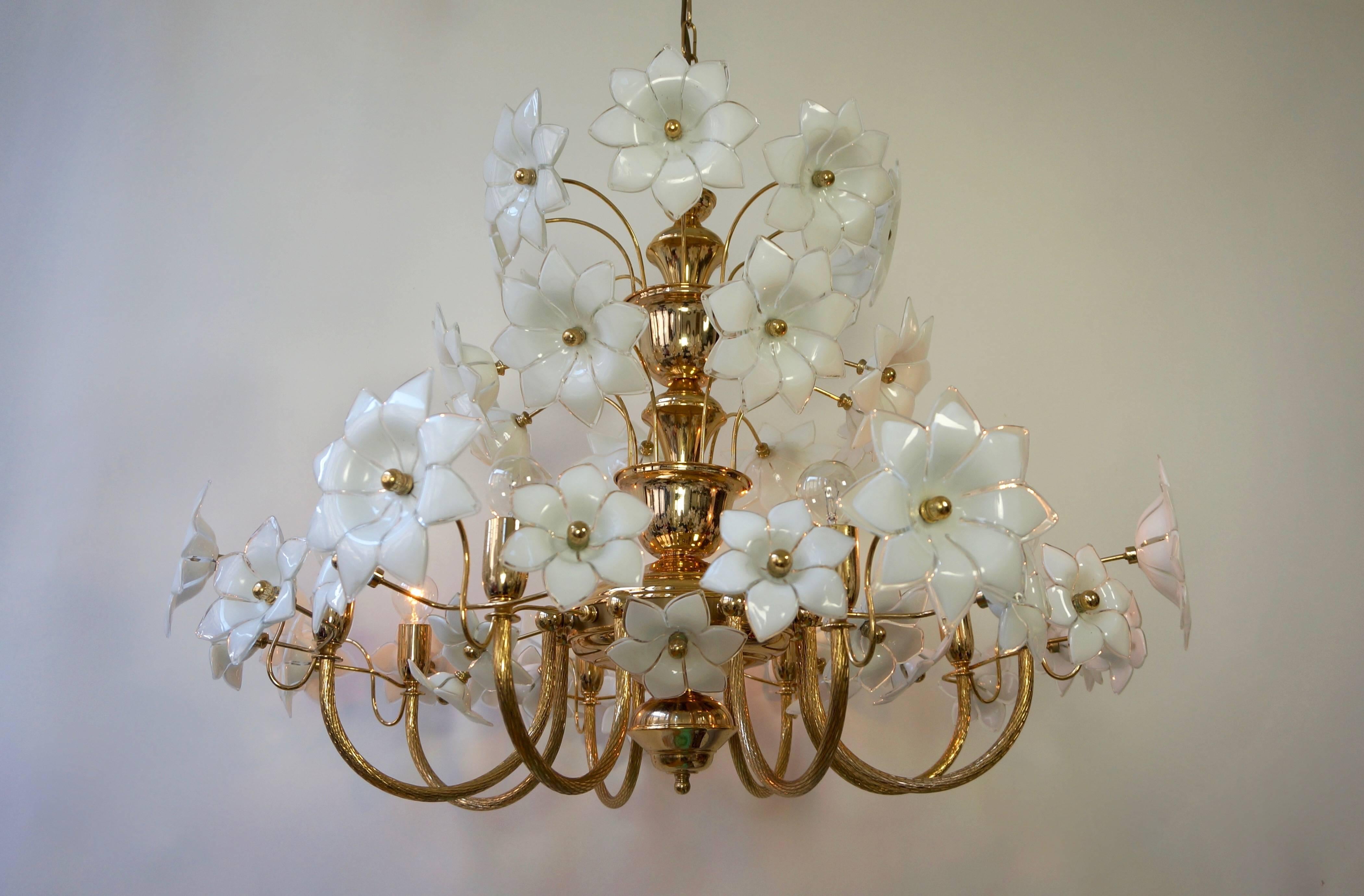 20th Century Huge Palwa Gilded Brass and Glass Flower Chandelier