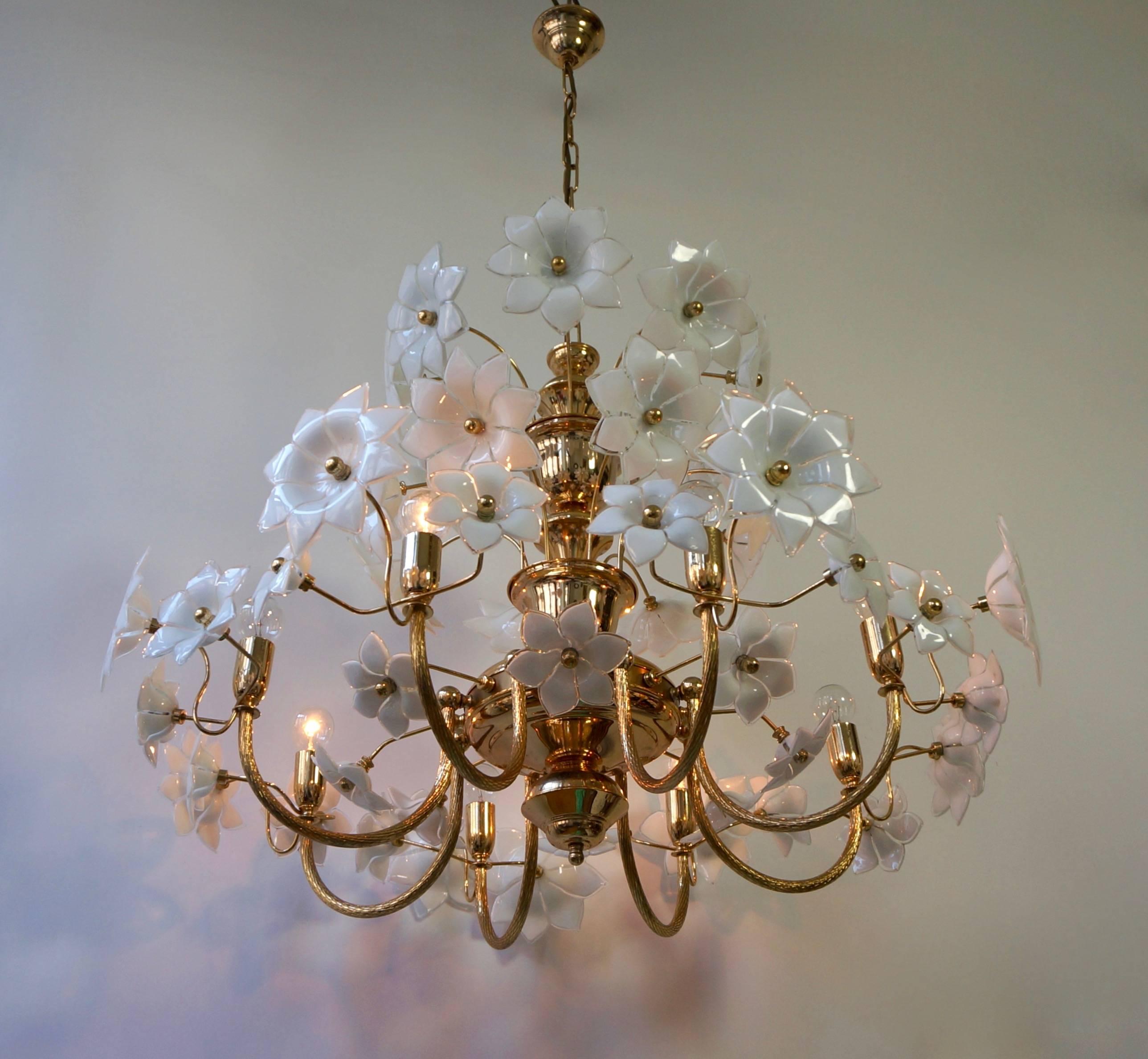 Huge Palwa Gilded Brass and Glass Flower Chandelier 1