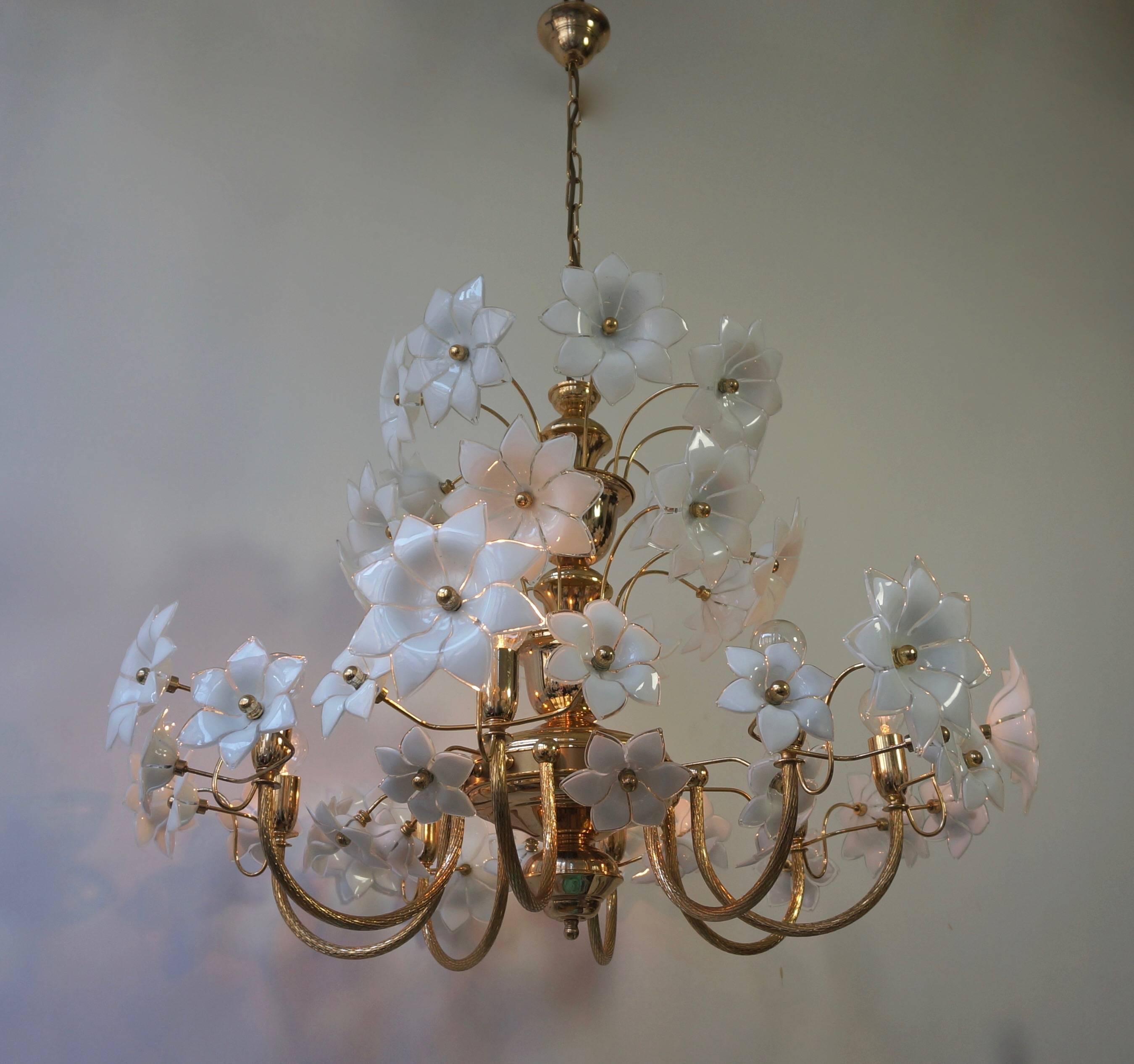 Huge Palwa Gilded Brass and Glass Flower Chandelier 3