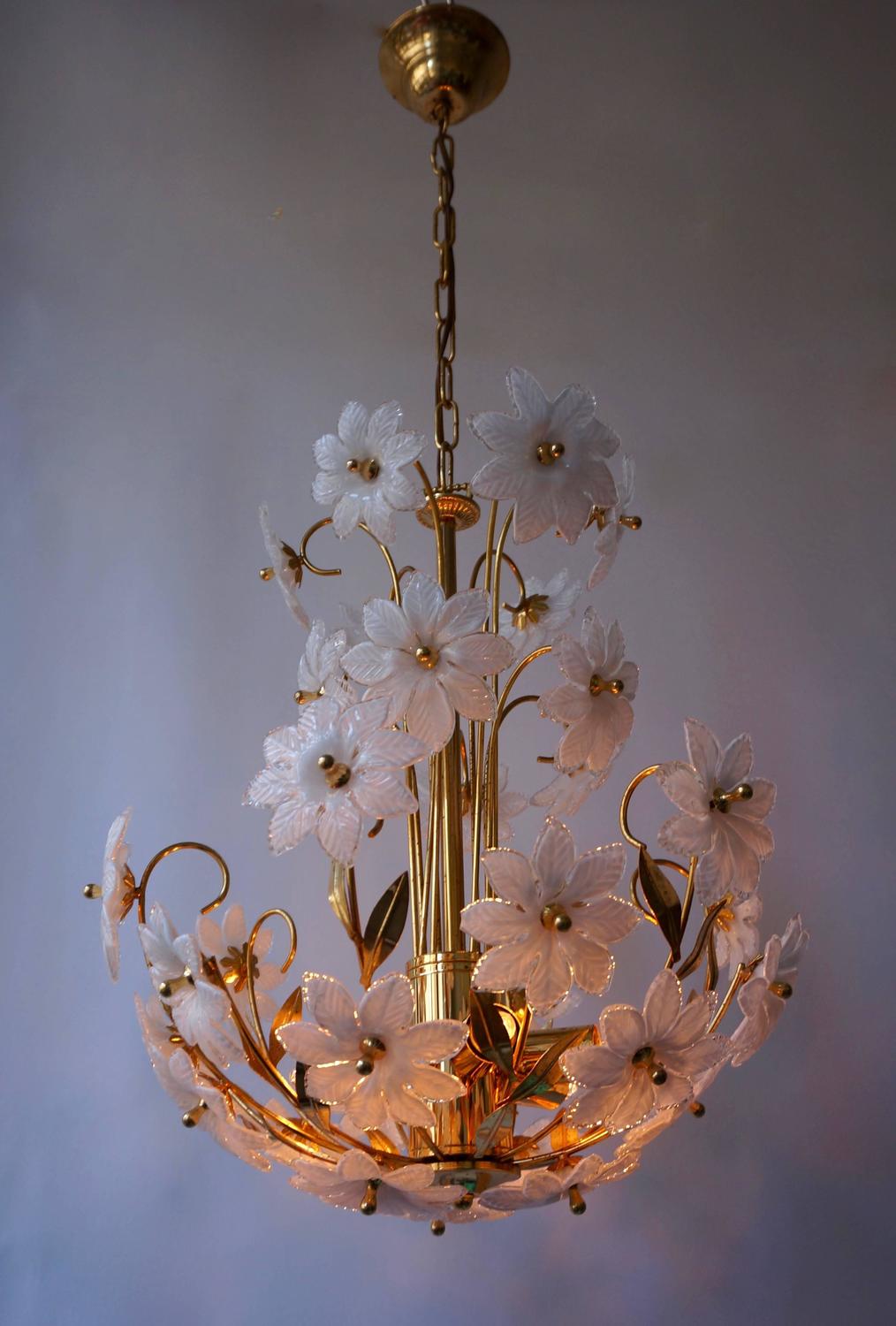 Gilded Brass and Glass Flower Chandelier For Sale at 1stdibs