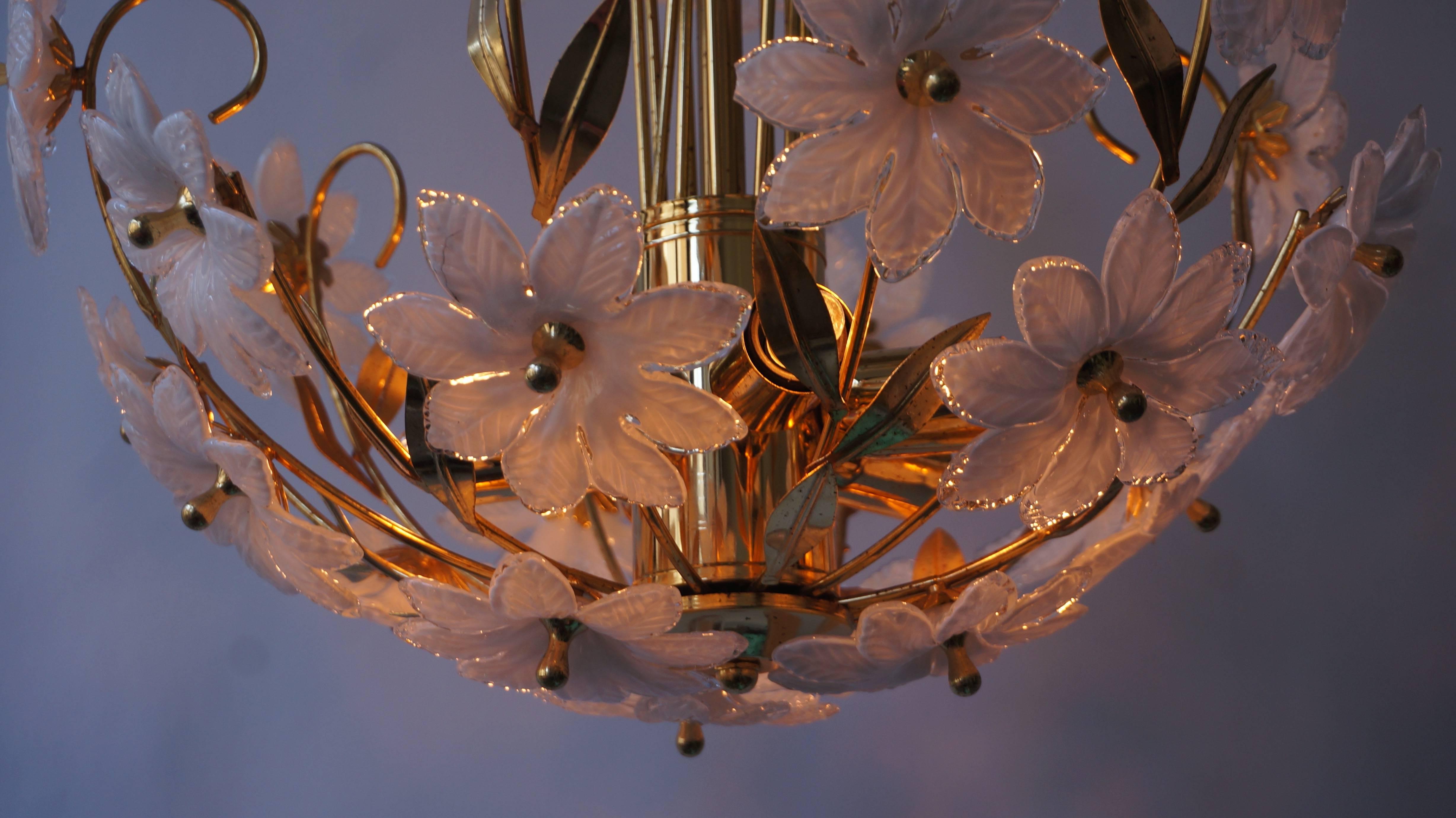 20th Century Gilded Brass and Glass Flower Chandelier