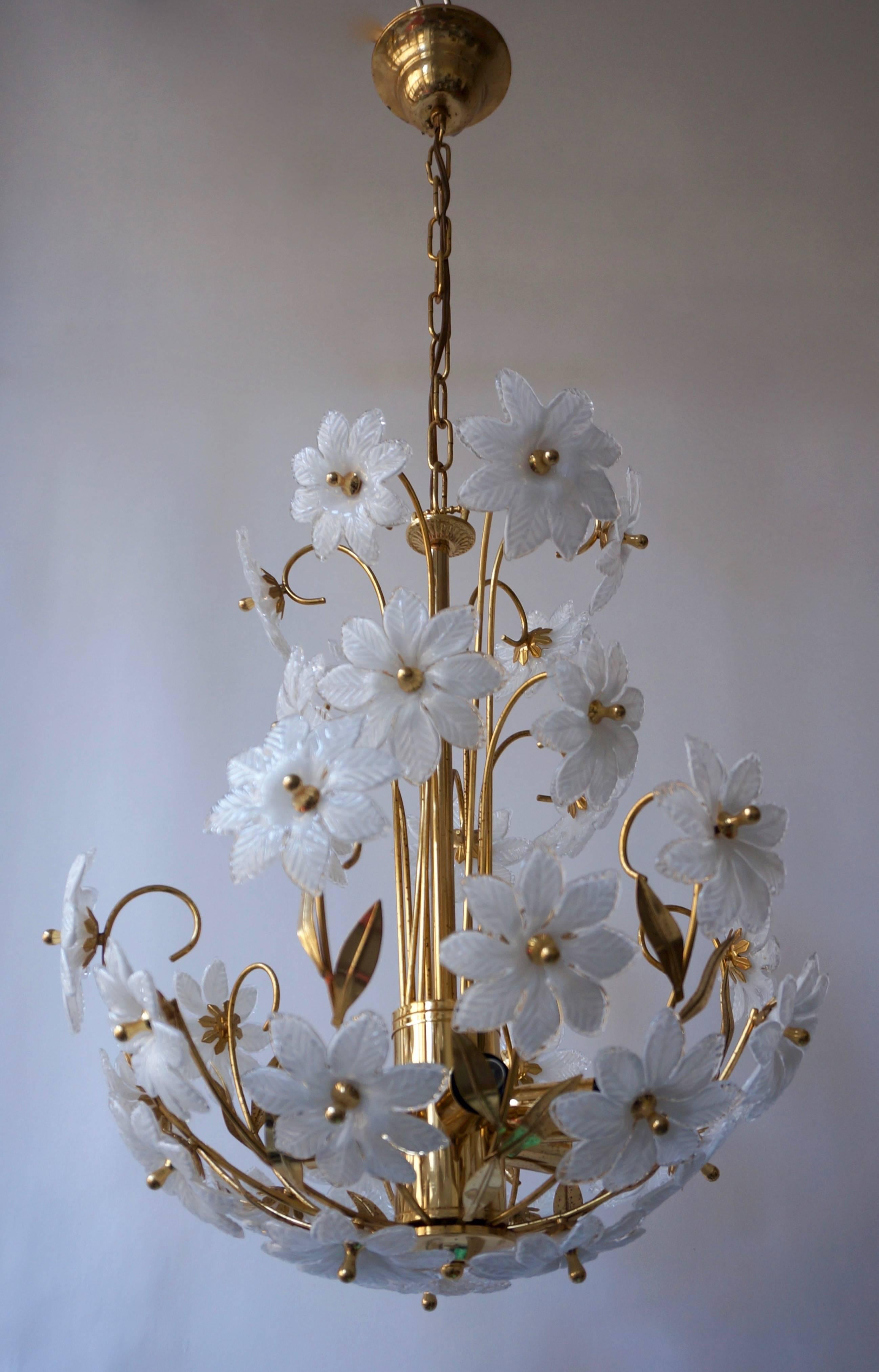 Italian Gilded Brass and Glass Flower Chandelier