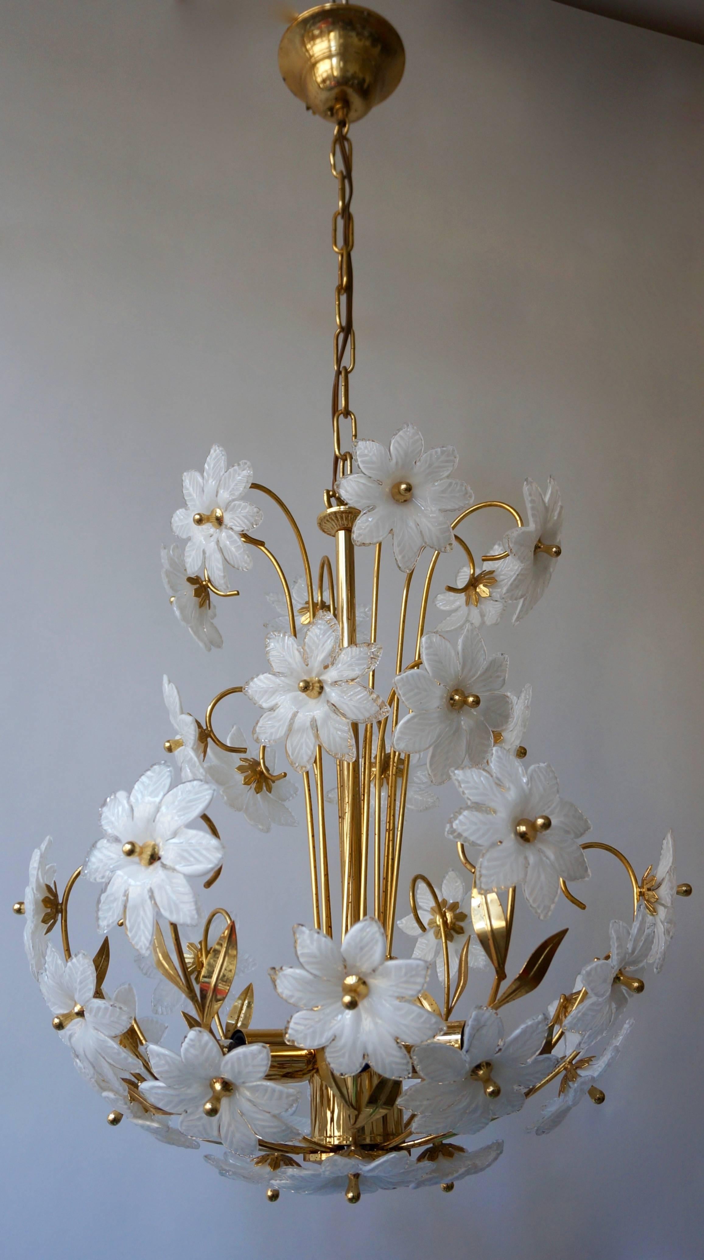 Mid-Century Modern Gilded Brass and Glass Flower Chandelier