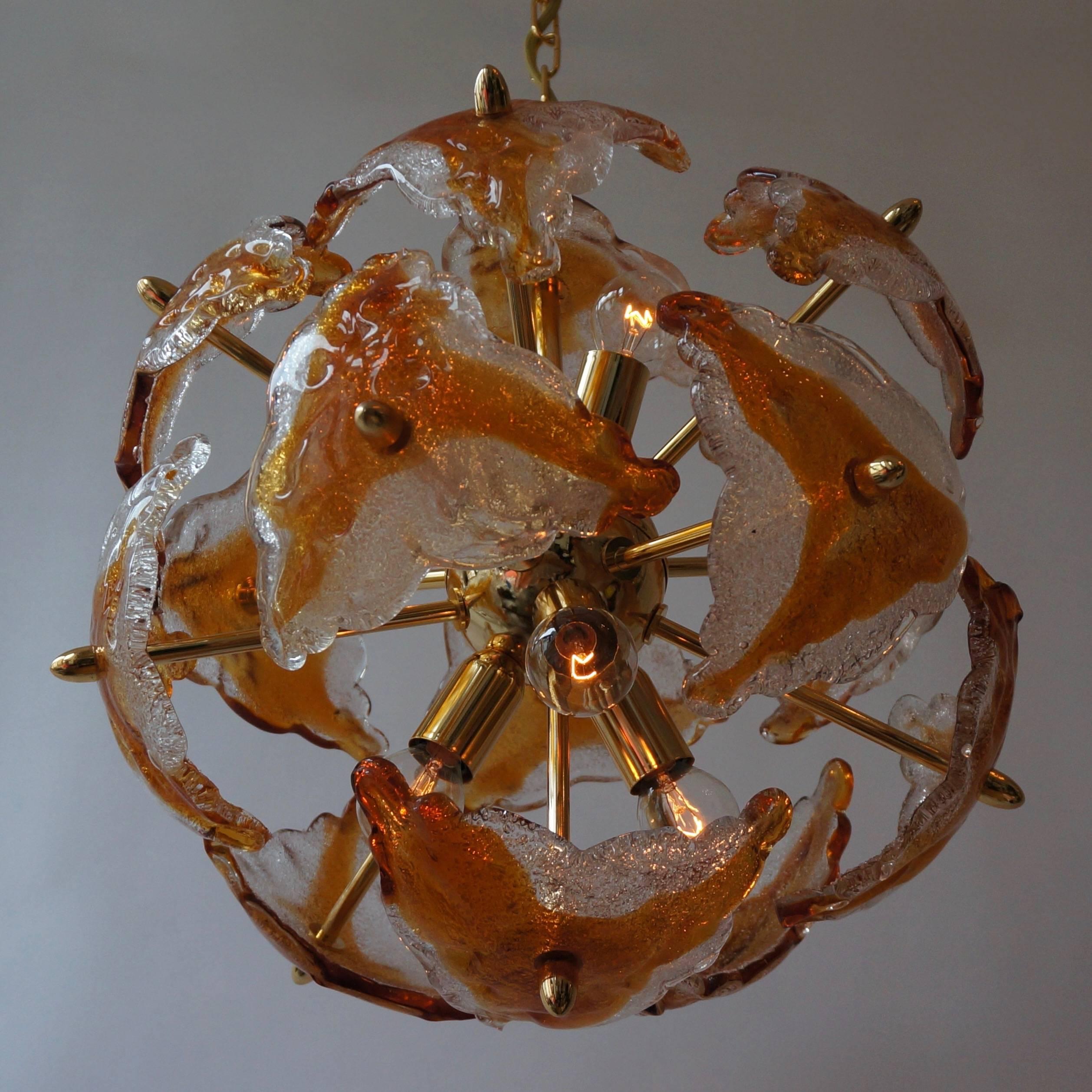 Italian Three Murano Glass and Brass Sputnik Chandeliers For Sale