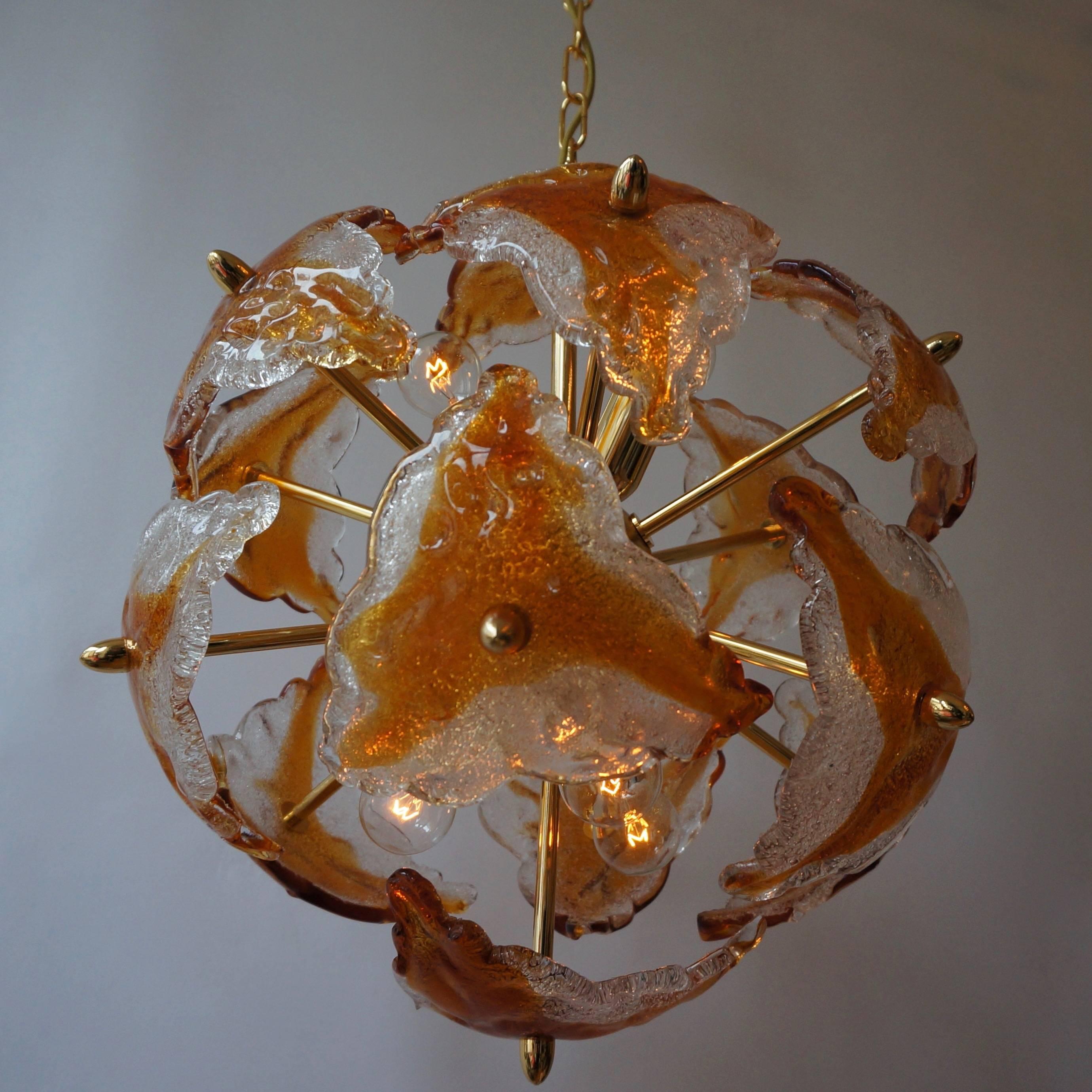 Gilt Three Murano Glass and Brass Sputnik Chandeliers For Sale