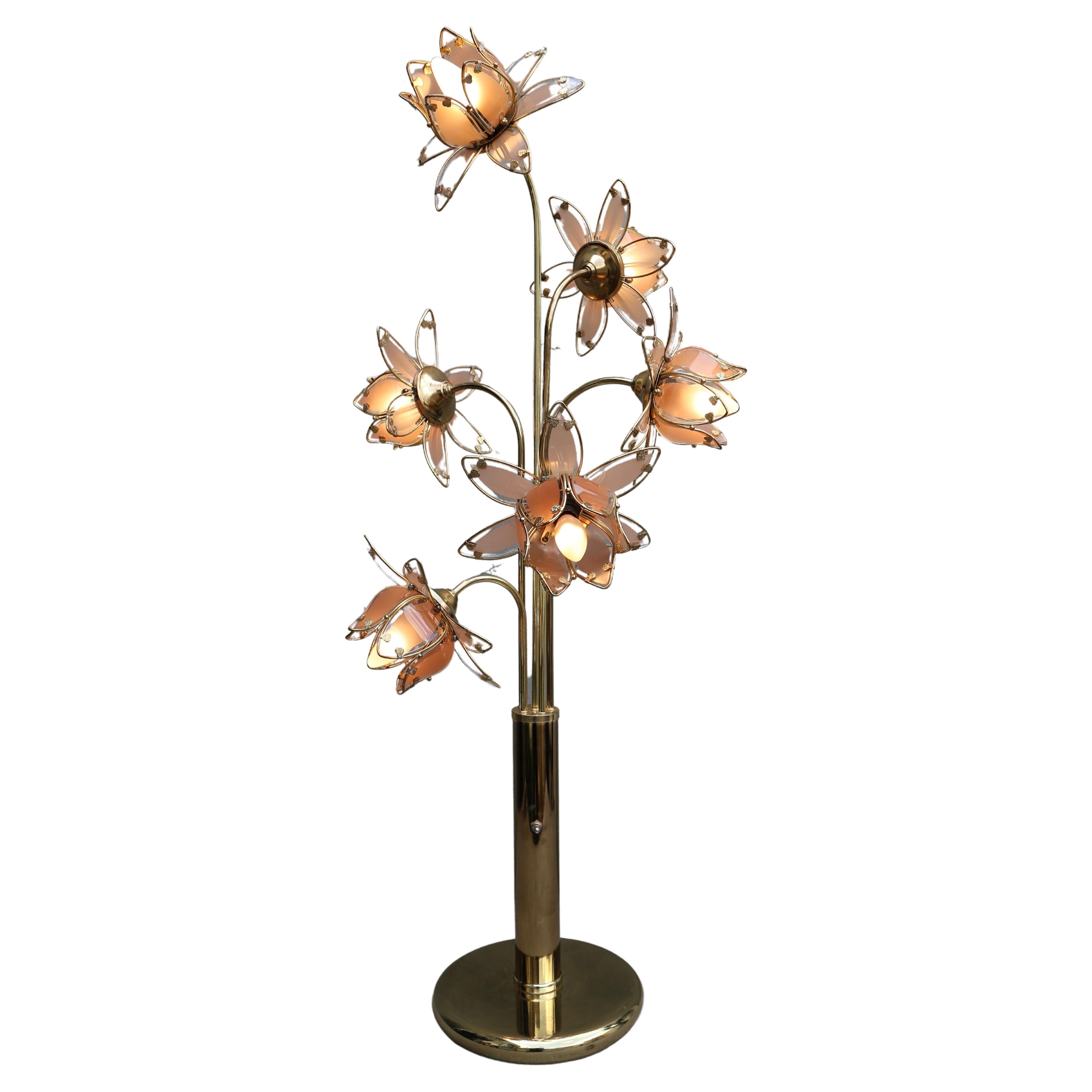 Italian Hollywood Regency Lotus Floor Lamp in Brass and Pink Glass, 1970s