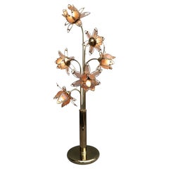 Italian Hollywood Regency Lotus Floor Lamp in Brass and Pink Glass, 1970s