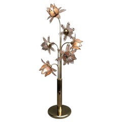 Italian Hollywood Regency Lotus Floor Lamp in Brass and Pink Glass, 1970s