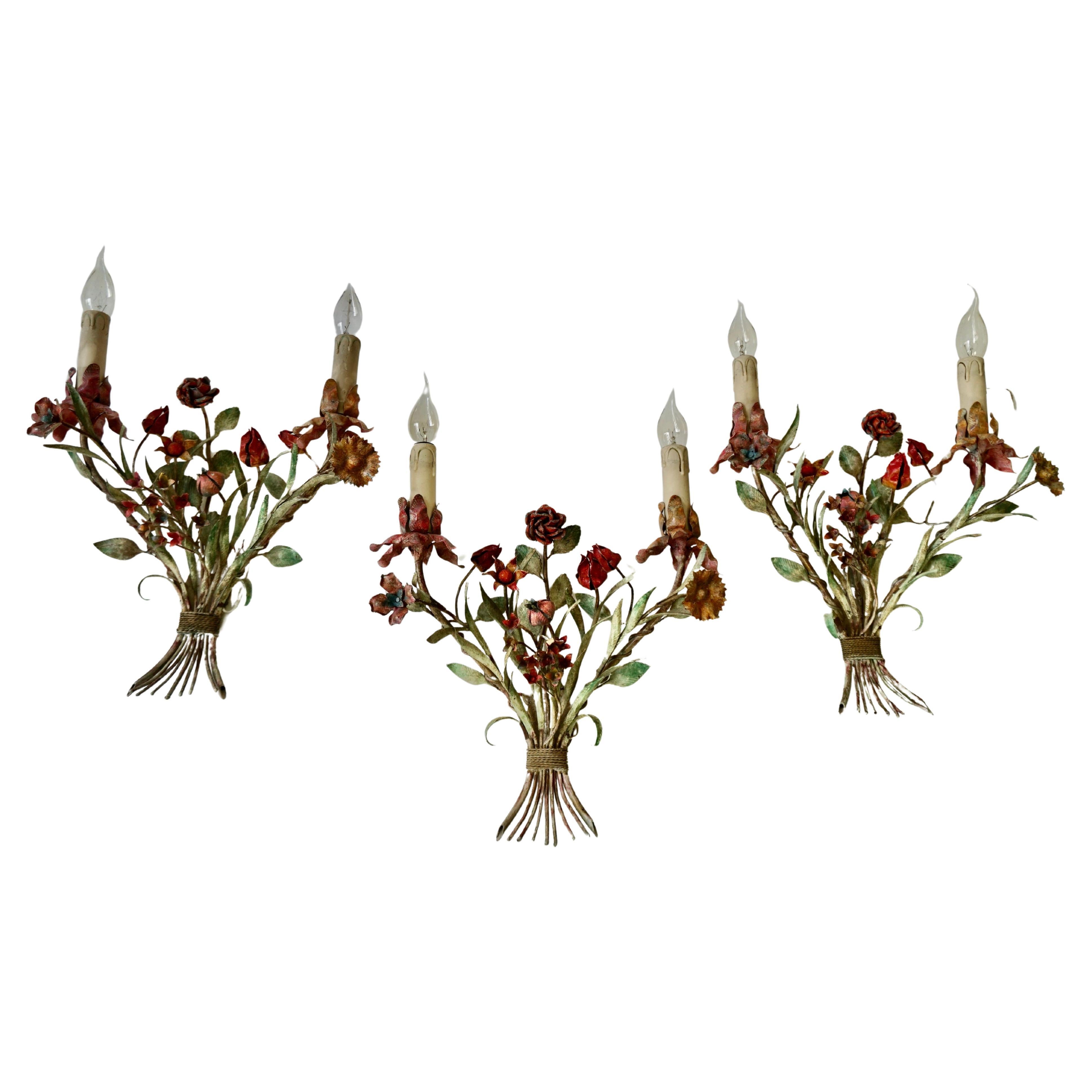 Three Metal Tole Colorful Painted Romantic Roses Flowers Bouquet Wall Lamp Italy