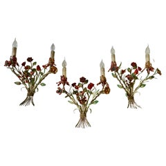 Vintage Three Metal Tole Colorful Painted Romantic Roses Flowers Bouquet Wall Lamp Italy
