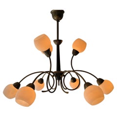 talian 1950s Stilnovo Style Brass and Opaline Glass Nine-Light Chandelier