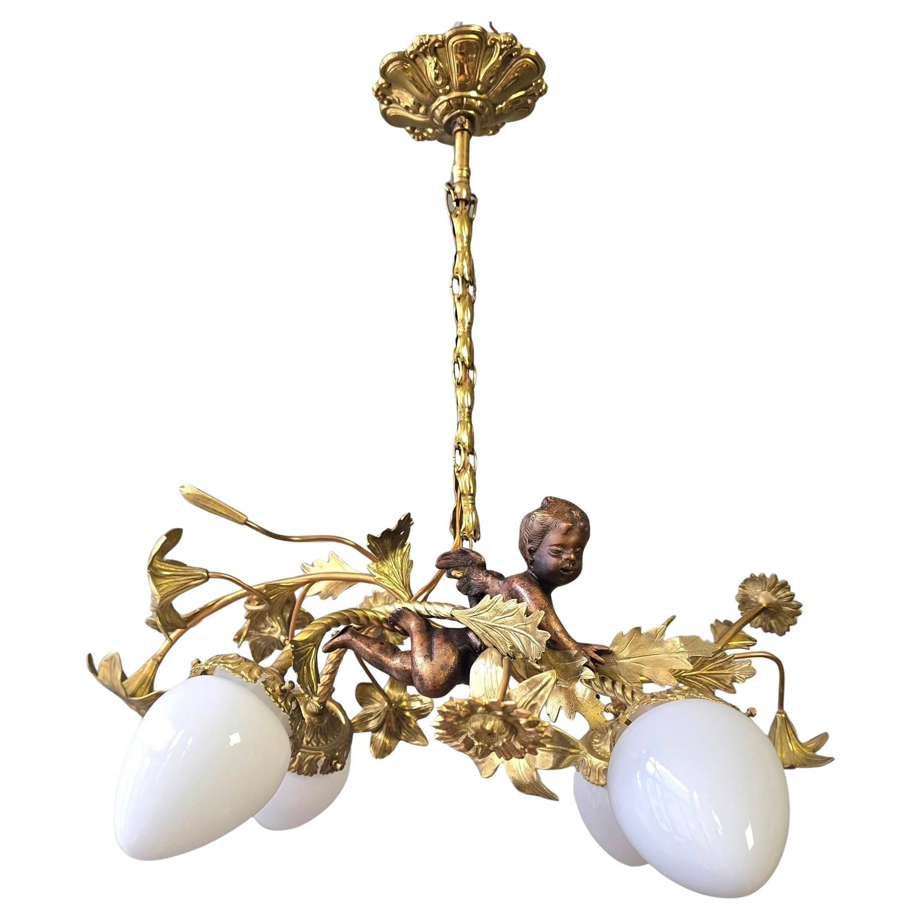 French Belle Époque Putto Chandelier with Opaline Glass, circa 1900