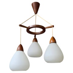 Danish Mid-Century Teak and Opaline Glass 3-Light Chandelier, 1960s