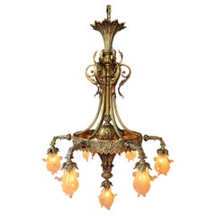 French Gilt Bronze Chandelier with Art Nouveau Petal Glass Shades, circa 1900