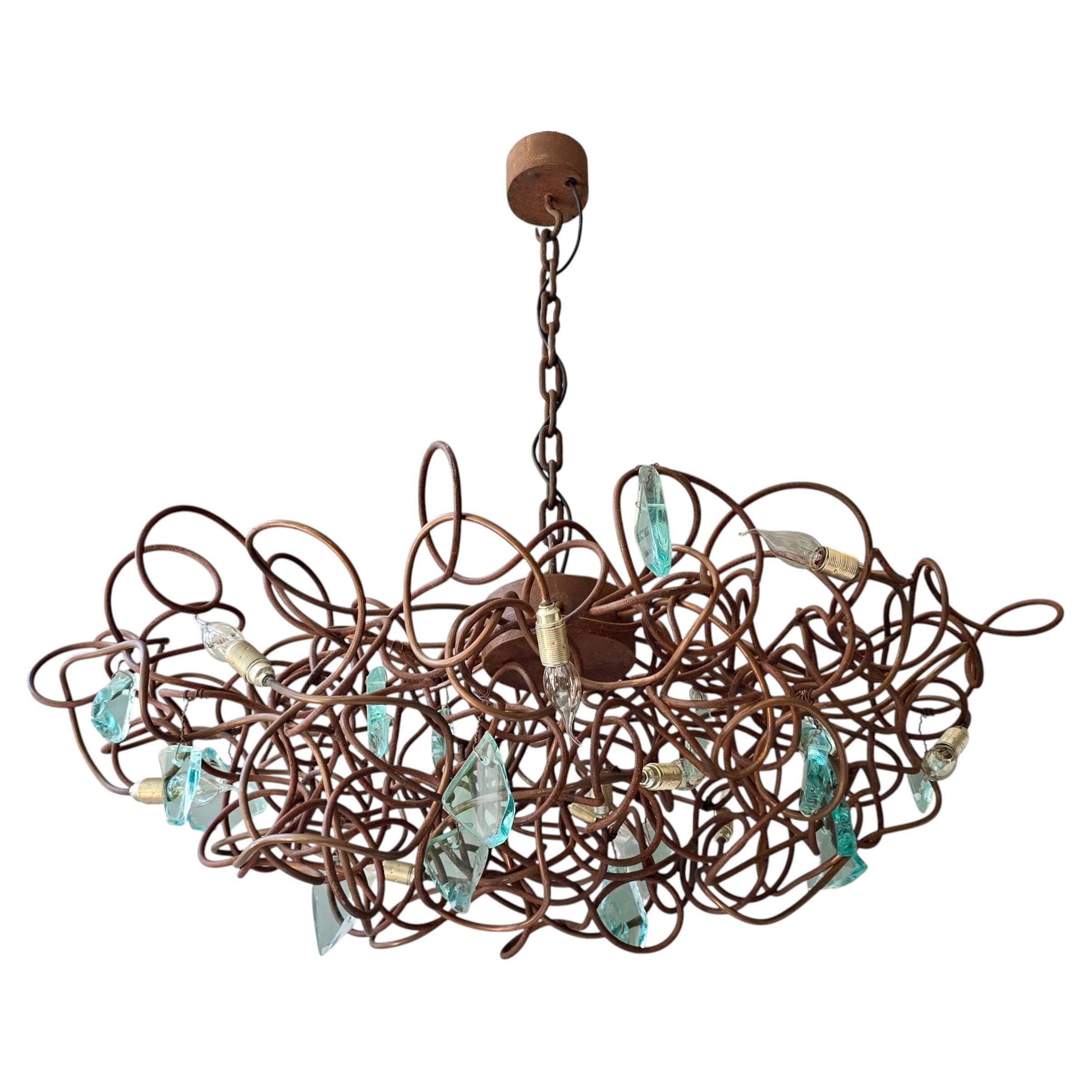 Monumental Oval Brutalist Sculptural Chandelier in Oxidized Steel and Glass For Sale