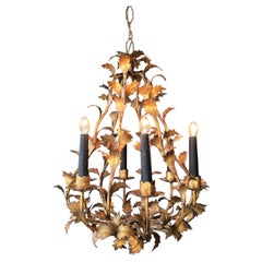 French Gilt Tôle Six-Light Leaf Chandelier, 1940s