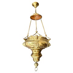 Large French Gilt Brass Ecclesiastical Sanctuary Lamp with Cherubs, Late 19th Ce