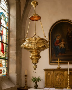 Large French Gilt Brass Ecclesiastical Sanctuary Lamp with Cherubs, Late 19th Ce