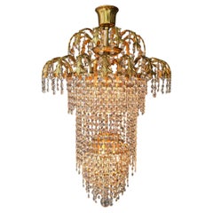 Italian Brass and Crystal Waterfall Chandelier with Seven Lights, 1970s
