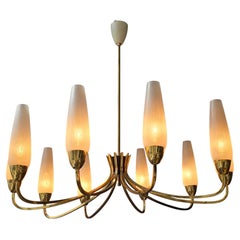 Large Italian Mid-Century Brass Chandelier with Opaline Glass, 10 Lights