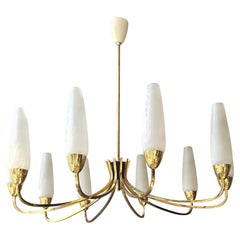 Large Italian Mid-Century Brass Chandelier with Opaline Glass, 10 Lights