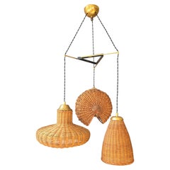 Italian Mid-Century Three-Light Rattan and Brass Chandelier, circa 1950s–1960s
