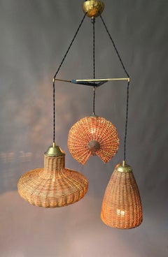 Italian Mid-Century Three-Light Rattan and Brass Chandelier, circa 1950s–1960s
