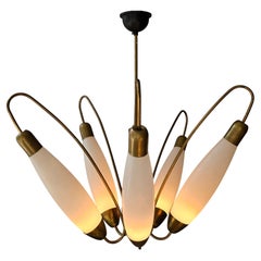 Italian 1950s Five-Light Brass, Wood and Opaline Glass Chandelier